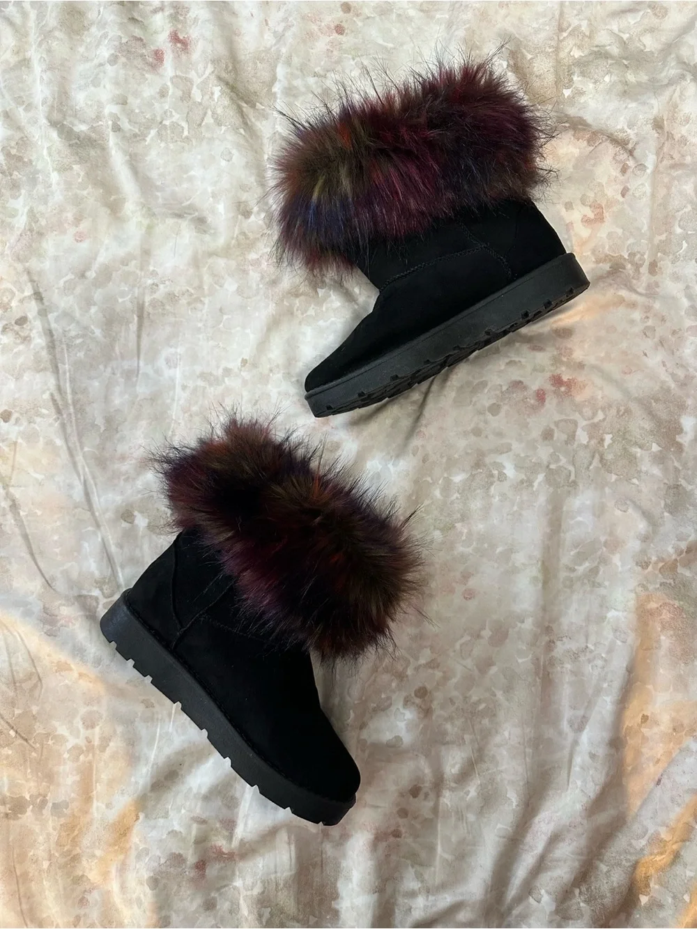 Dolls Kill Black Boots with Multicolor Faux Fur Cuff